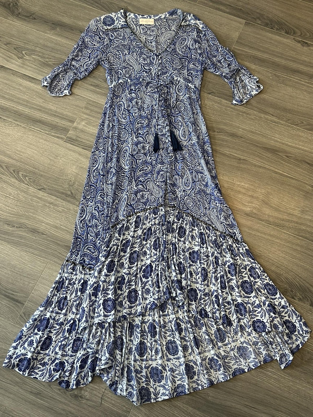 Miss June Paris Dress Women S Blue Paisley Floral Maxi Boho Tassel Belted Tiered