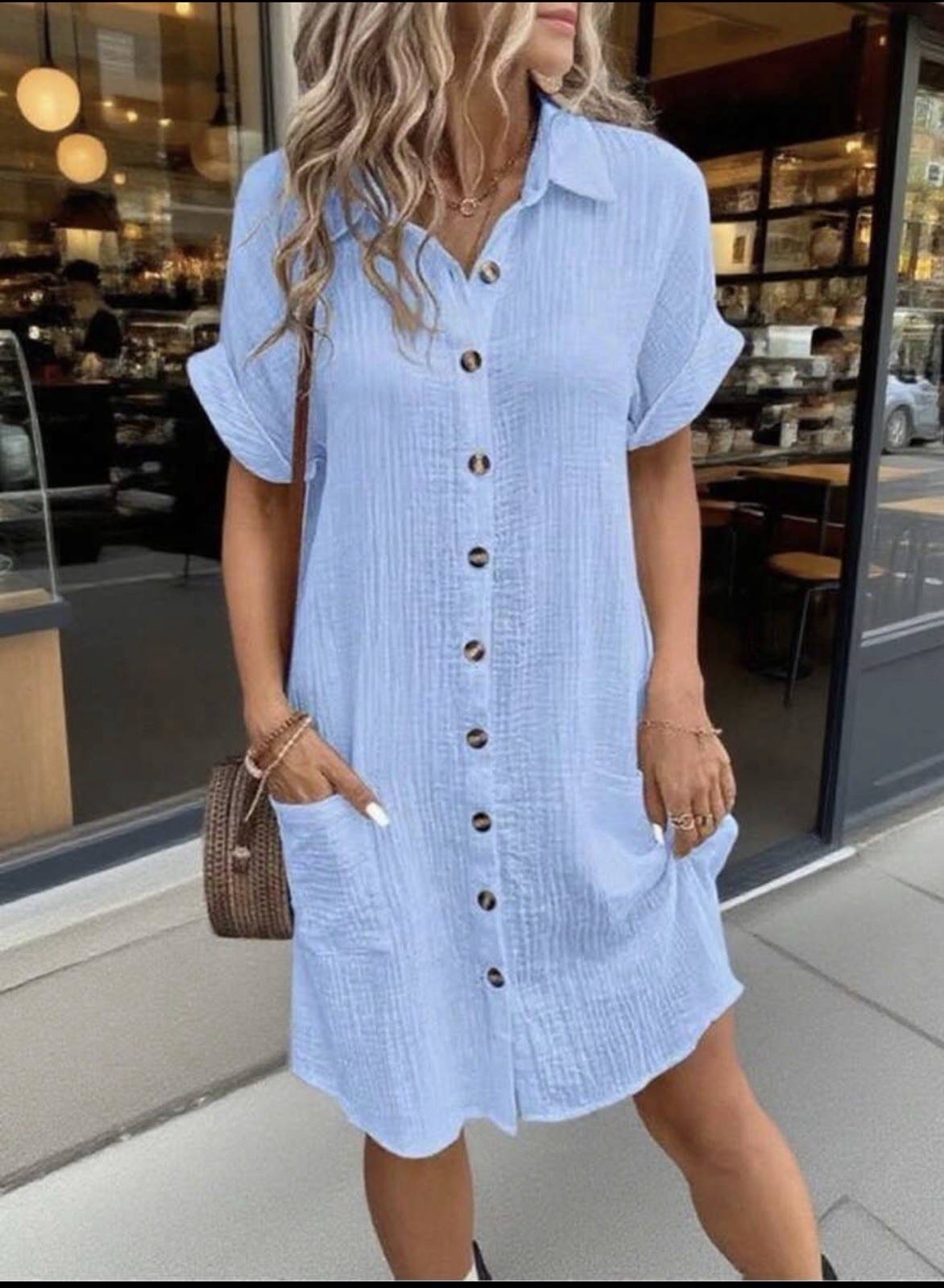 Casual Button Front Pocket Dress for Women XL