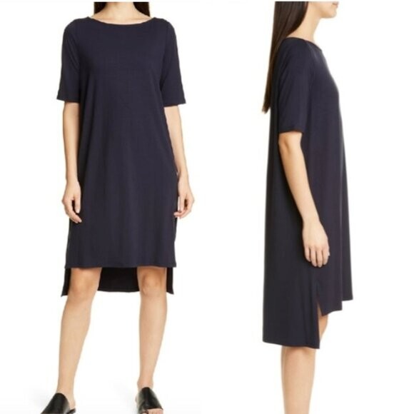 EILEEN FISHER Tencel High-Low Tunic Dress Dark Gray Charcoal Half-Sleeves Size L