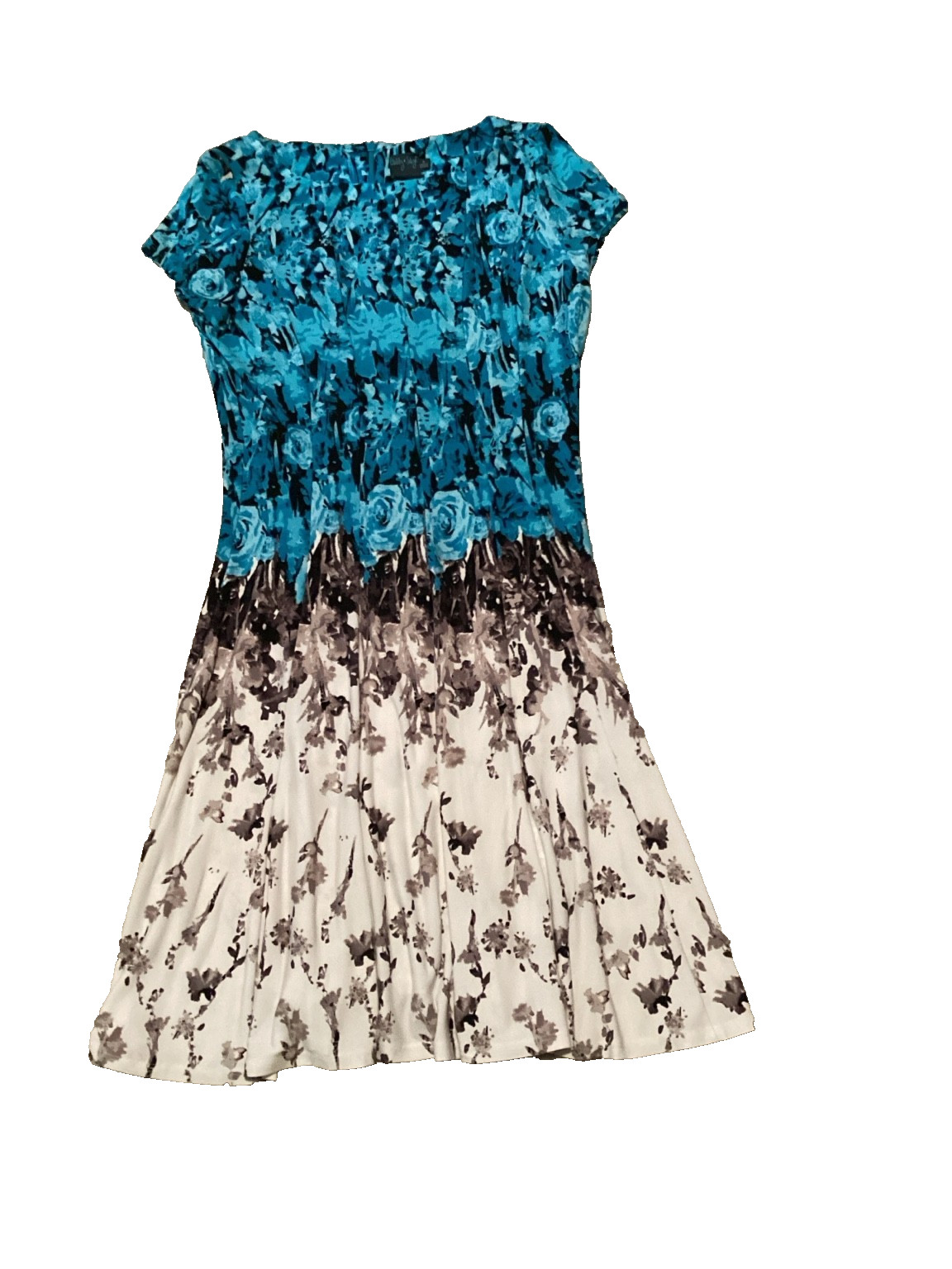 Gabby Style Blue Floral Fit & Flare Dress Size 8 Cap Sleeve Stretch Midi
