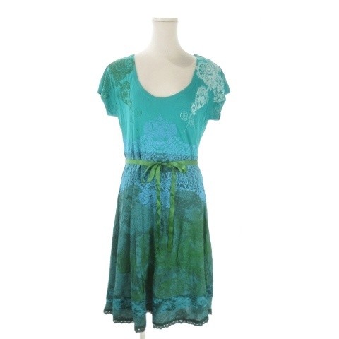 Desigual Green Rayon Dress XL 96cm/38in Short Sleeve Lace Paisley Excellent