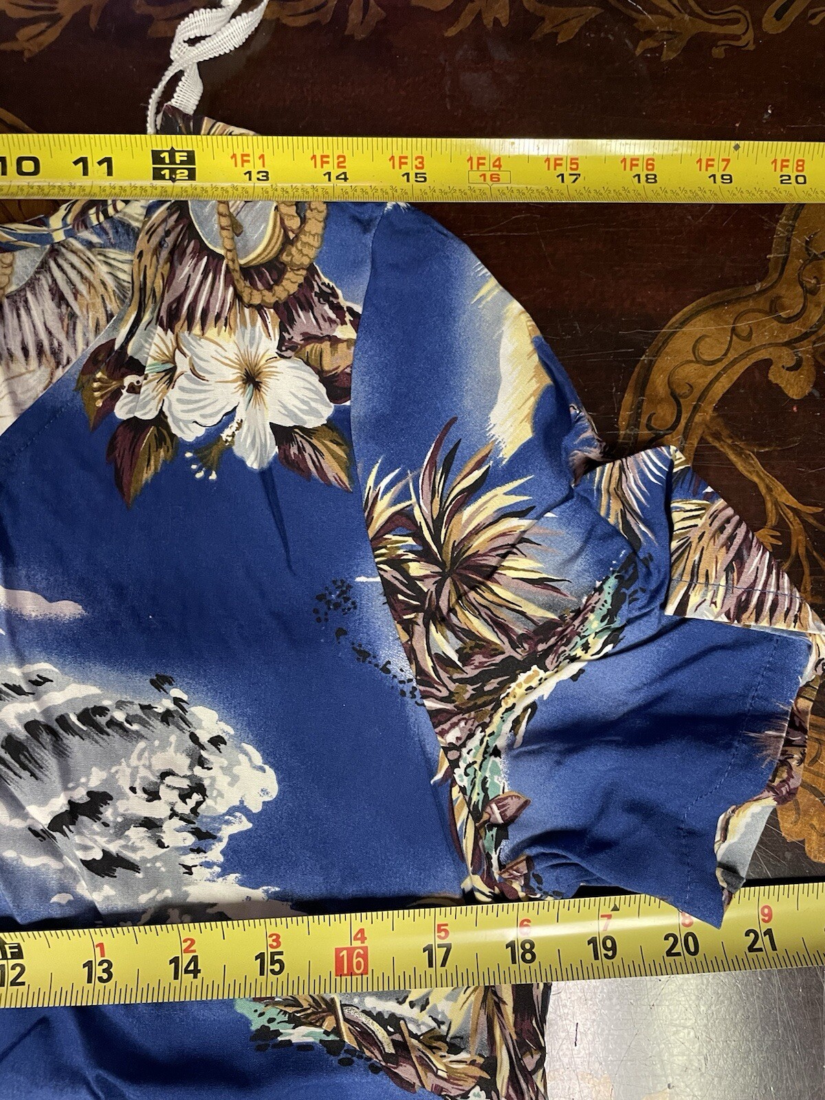 VTG Hilo Hattie Womens Blue Brown Palms Hawaiian Short Sleeve Maxi Dress Beach M