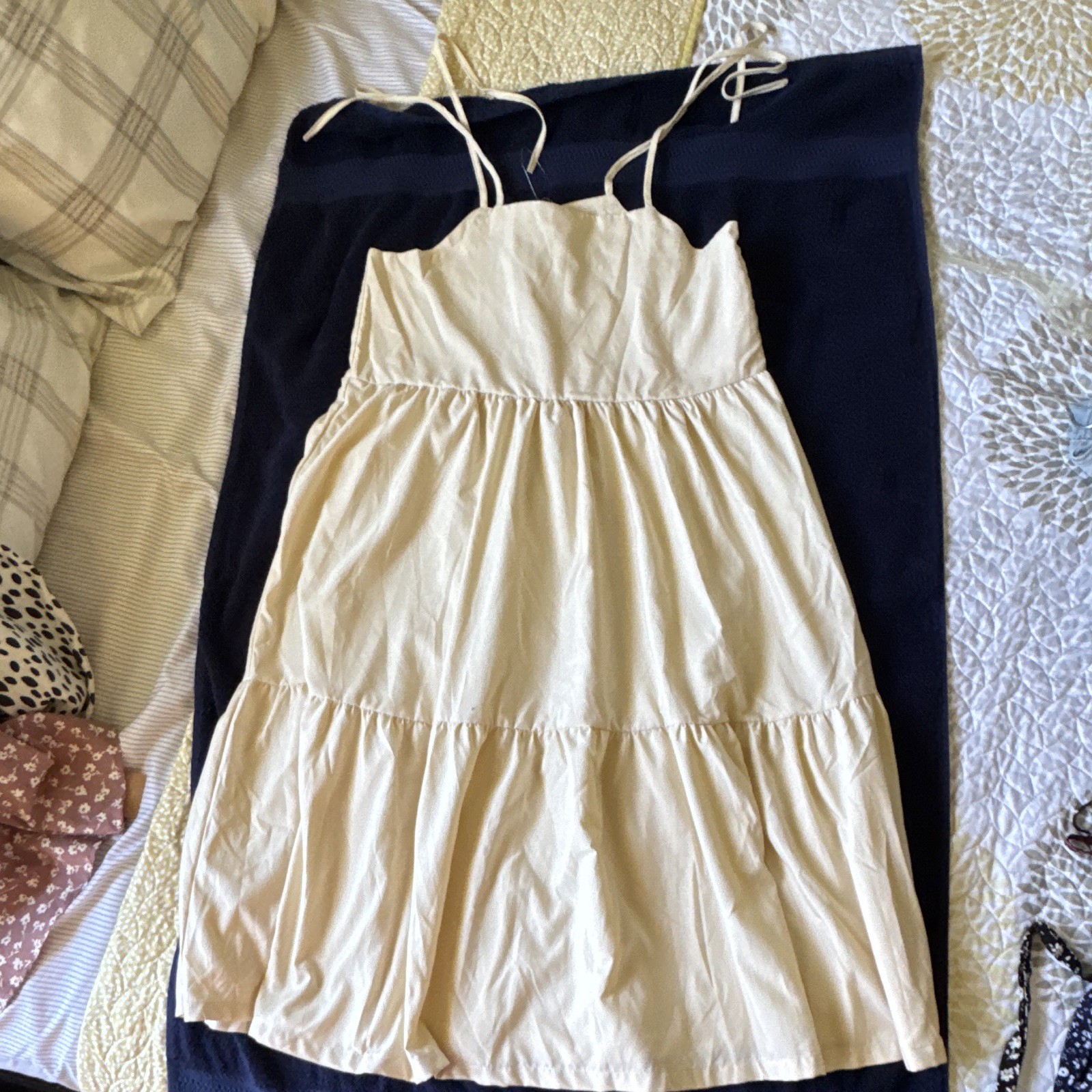 PENSHOPPE Women’s M Beige Solid A-Line Slip Dress Midi Square Neck Strappy