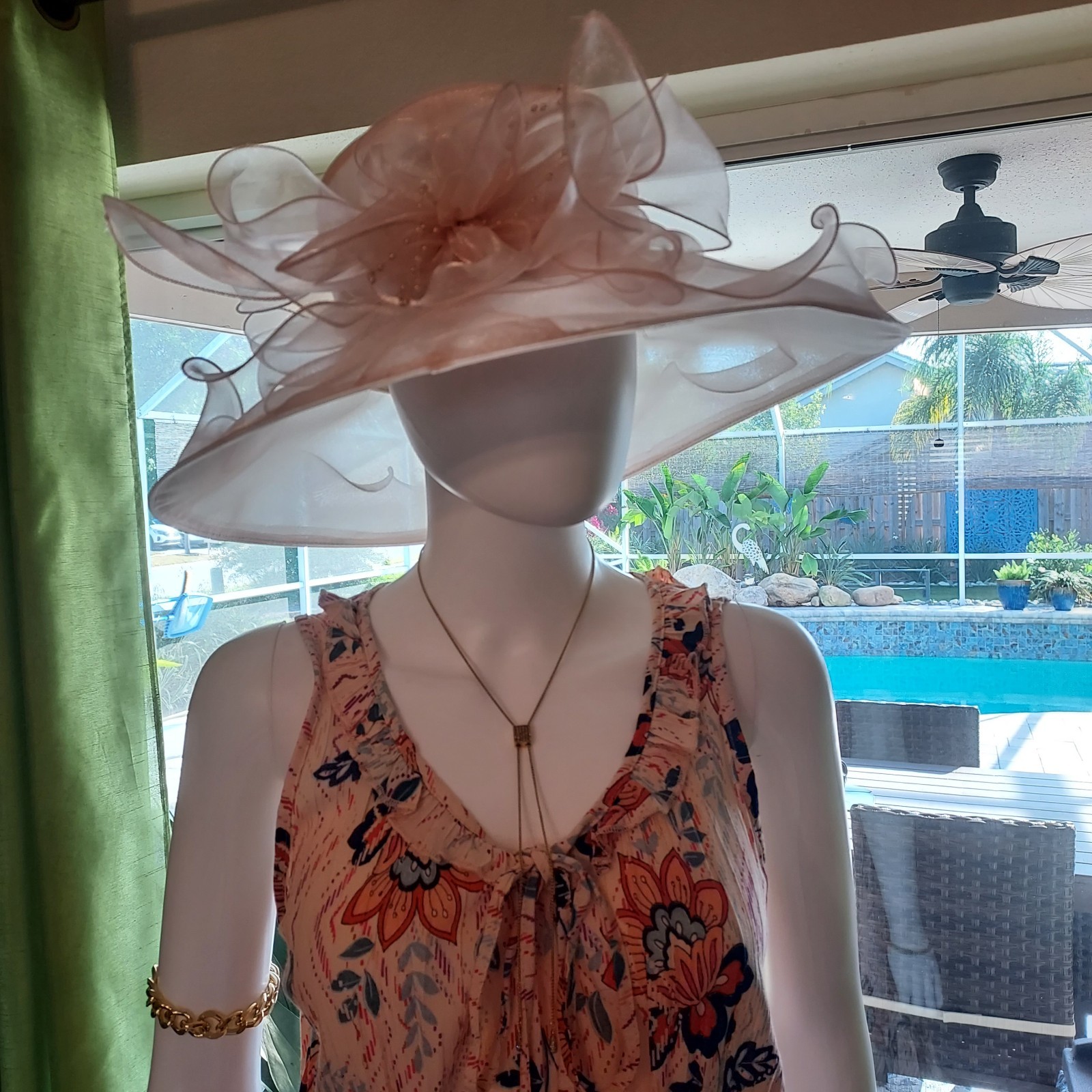 Sky and Sand Peach Floral Sleeveless Midi Dress Ruffle Tie Smocked with Hat.