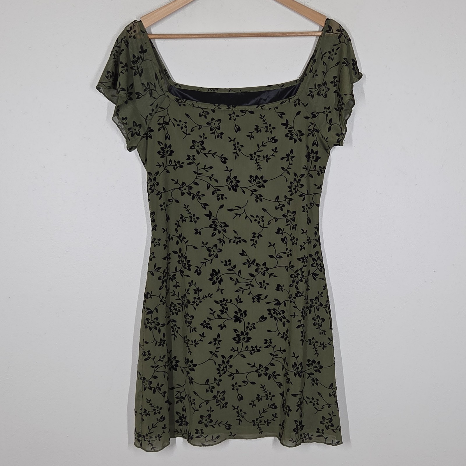 Mesh Velvet Floral Olive Green Mini Dress L Fairy Whimsigoth Goblincore Forest
