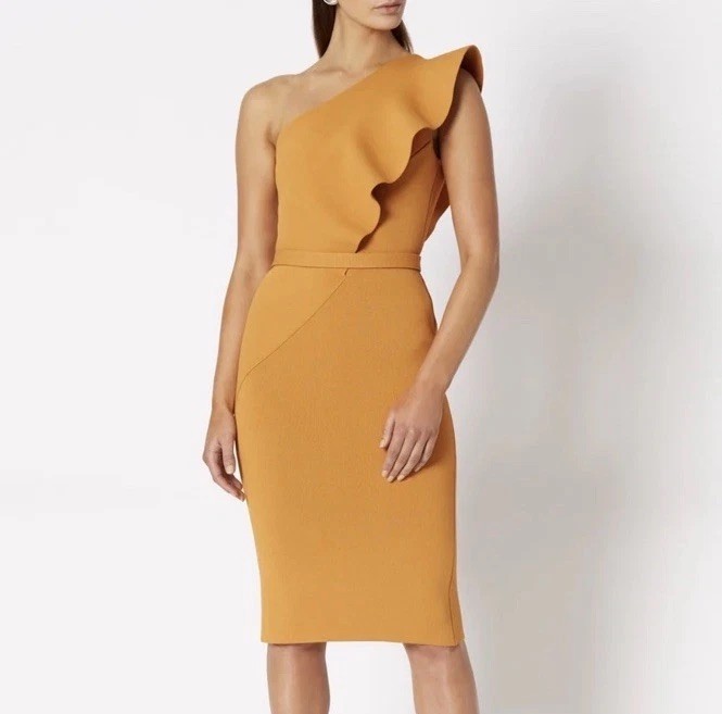 Scanlan Theodore Dress Size S Crepe Knit Midi One Shoulder Ruffle Orange