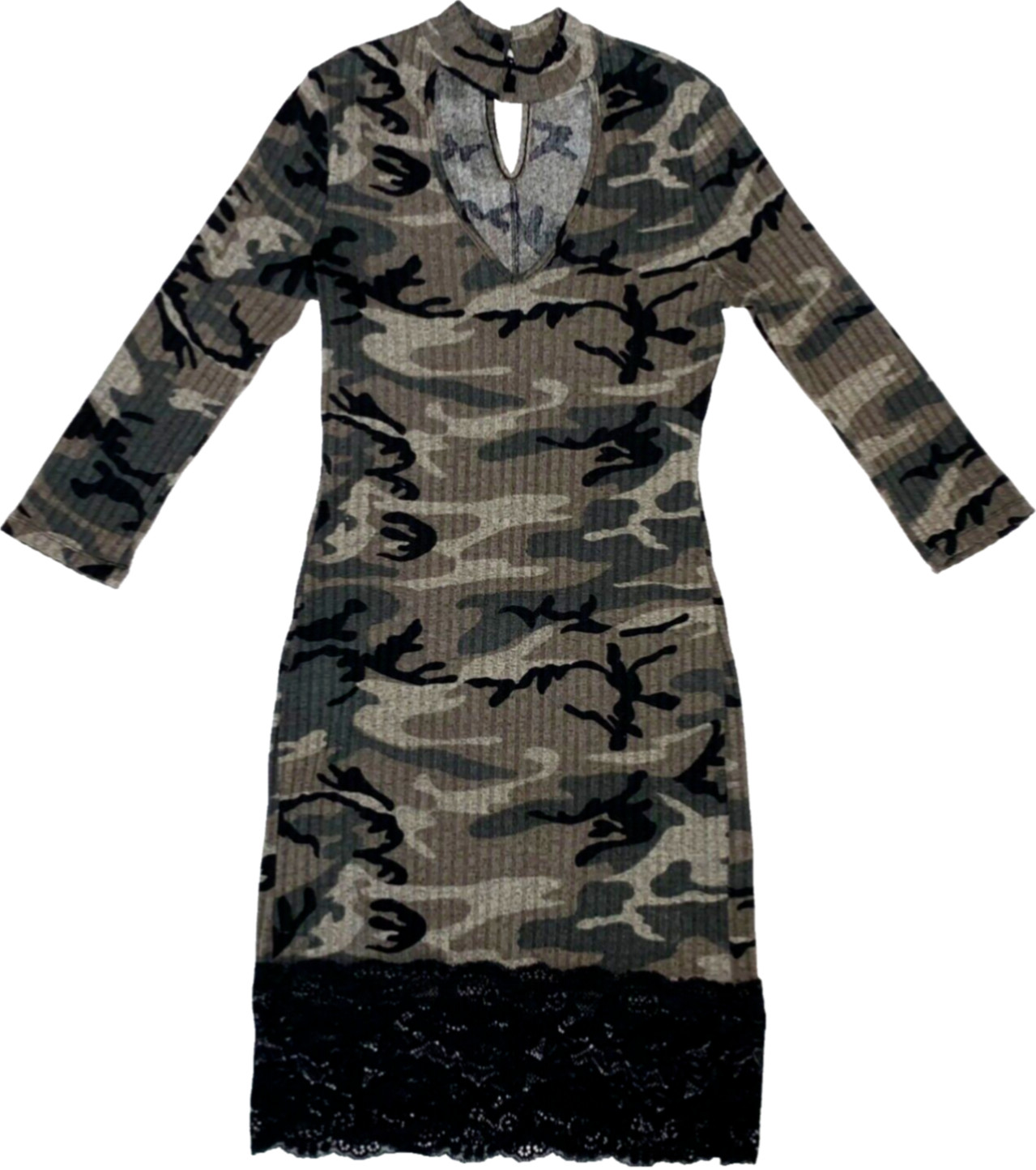 Venus Bodycon Camouflage Dress Womens XS/2 Stretch V-Neck Black Lace Trim Hem