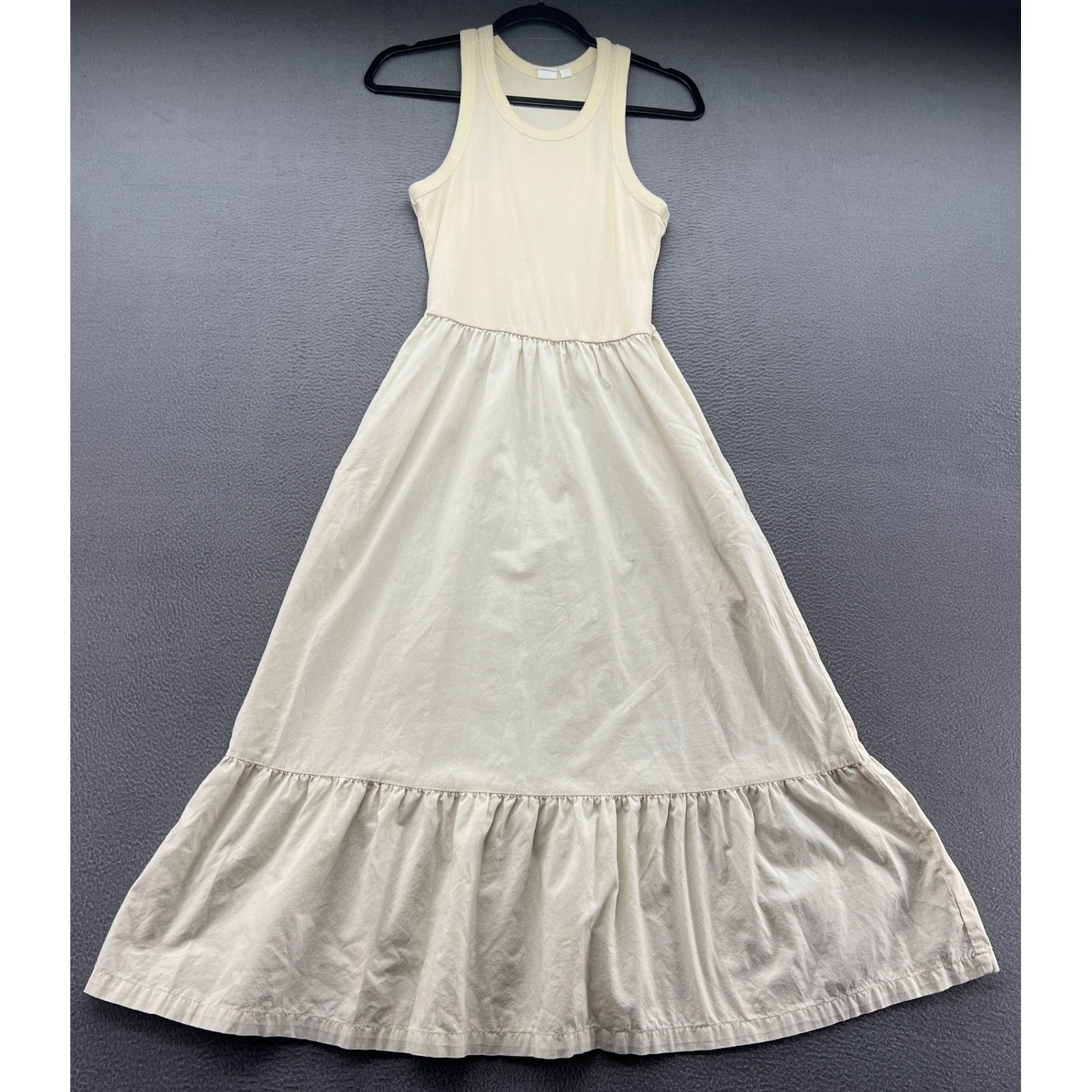 Gap Dress Womens Cream Ribbed Racerback Mixed Media Ruffle Maxi Pockets Size S