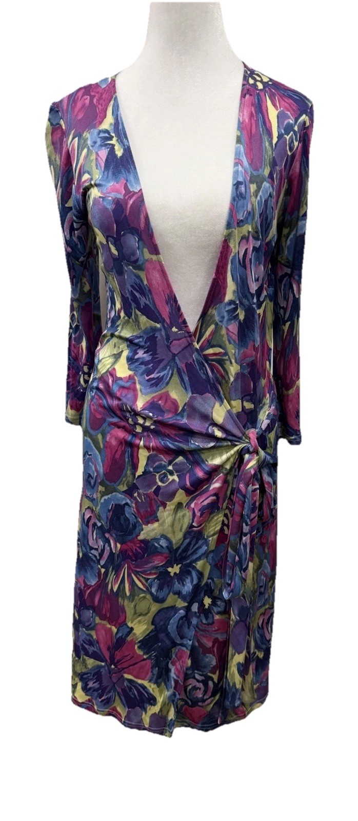 Winters Silk Dress Womens Small Silk Blend Floral Faux Wrap 3/4 Sleeve Colorful