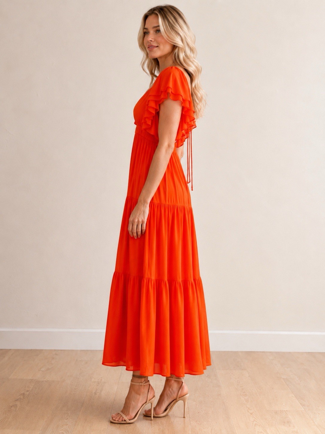 Promesa NWT Orange Open Back Tiered Maxi Dress Flutter Sleeve V Neck Medium