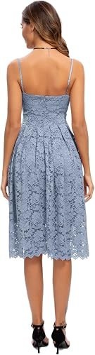 Womens Lt Blue Lined Spaghetti Strap V Neck Sleeveless A Line Lace Mini Dress-S
