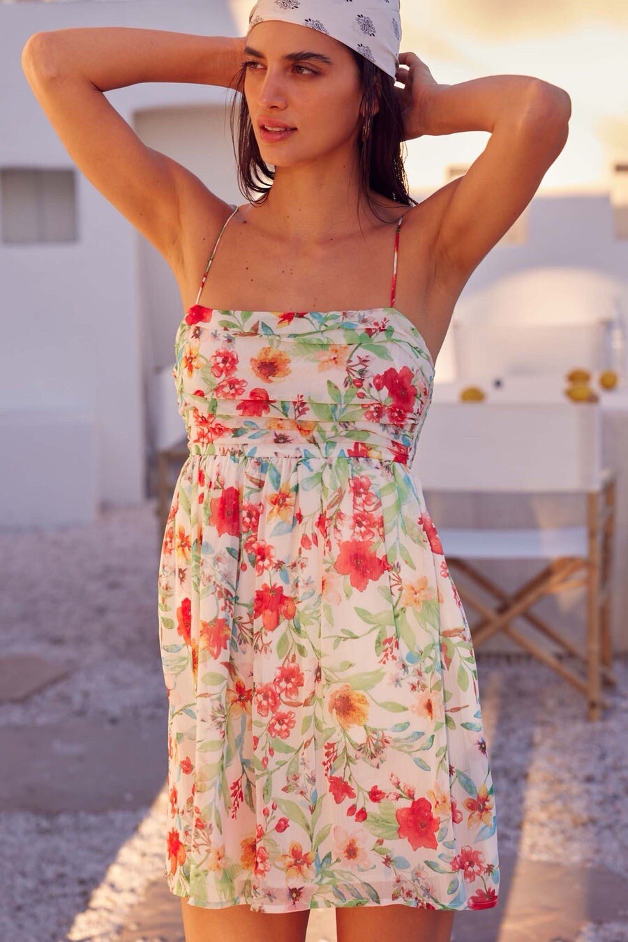 Promesa Jamaican Me Crazy Floral Chiffon Mini Sundress square neck straps