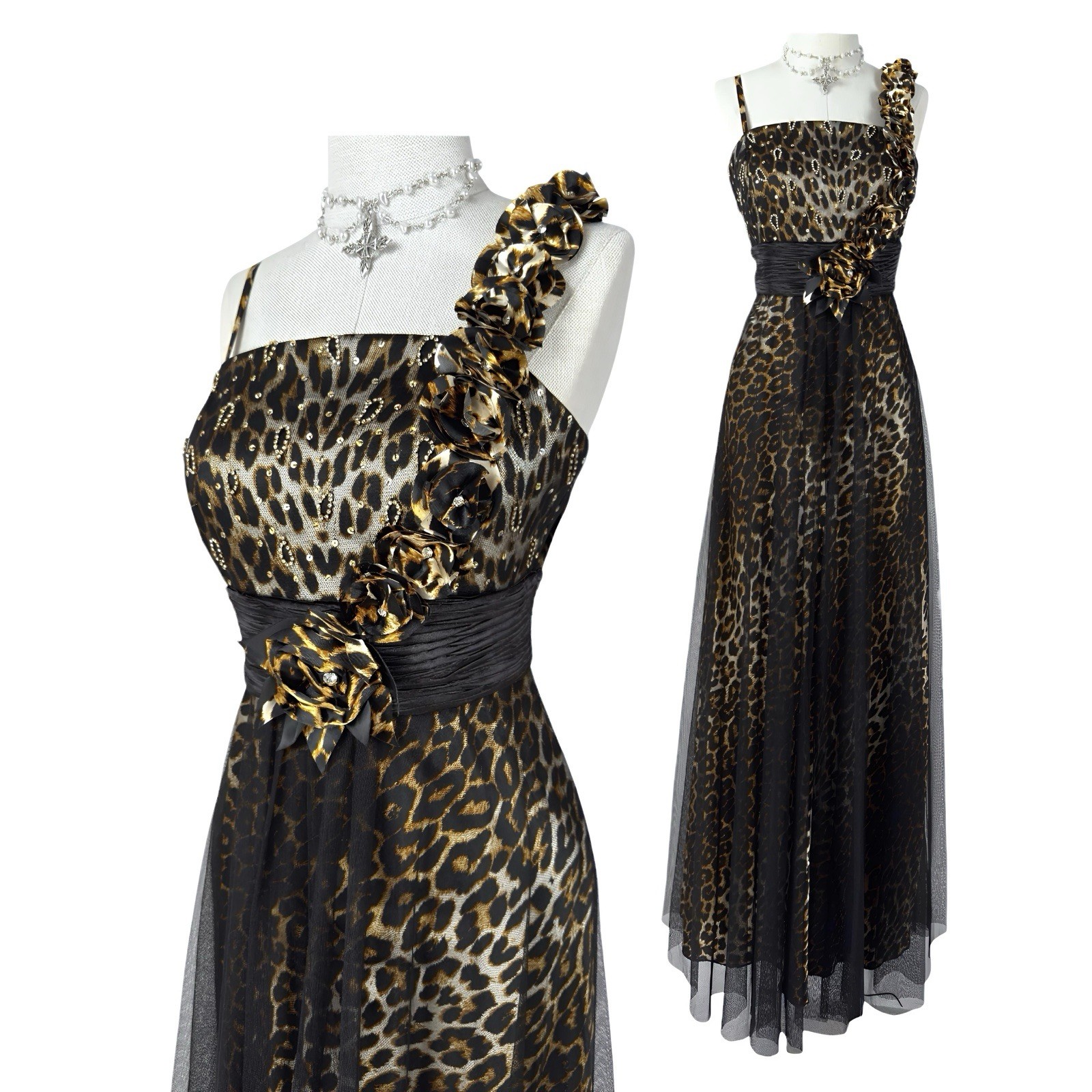 Vintage Leopard Print Y2K Evening Prom Gown Mesh Layered Formal Dress