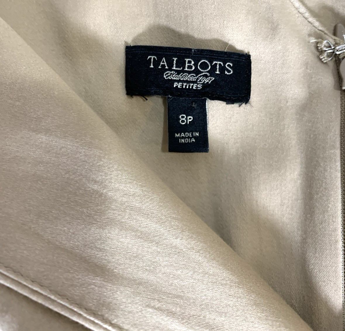 Talbots Sundress Womens Petite 8 Khaki Cotton Stretch Neutral Bow V-Neck