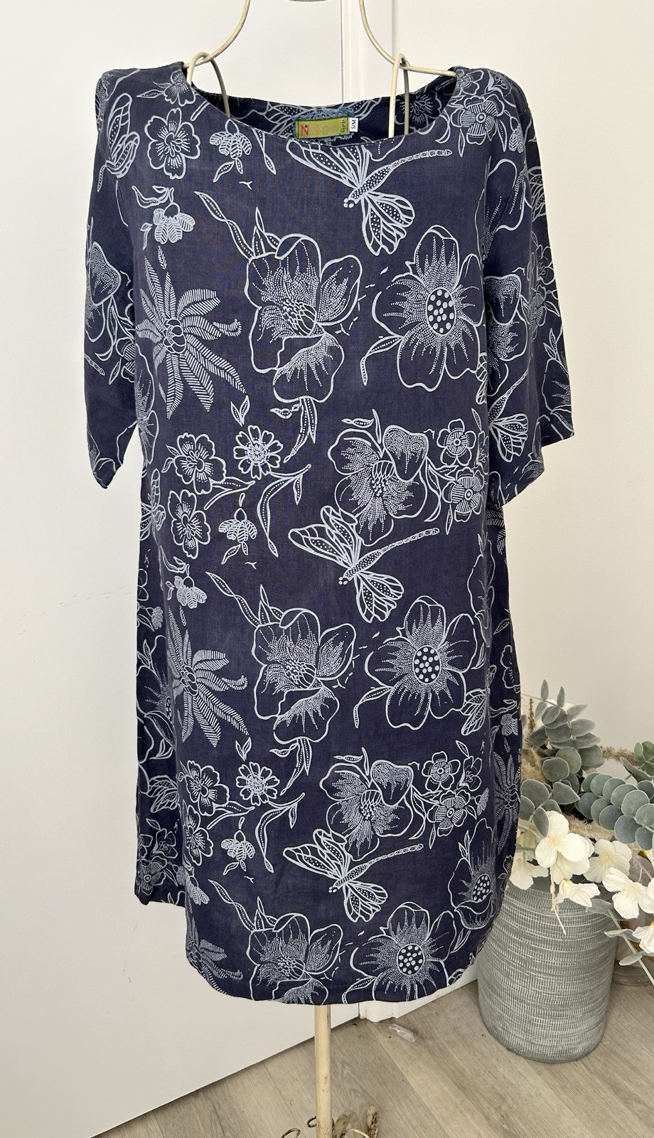 N&Willow 100% Linen Floral Dragon Fly Tunic Dress S/M Made In Italy