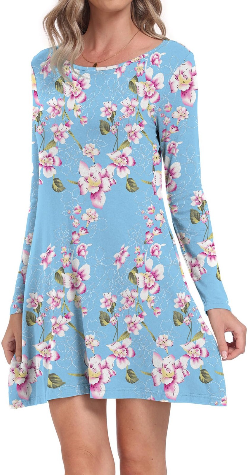 HiMONE Floral Print Stretchable Light Blue Dress, 2 Side Pockets Size SMALL