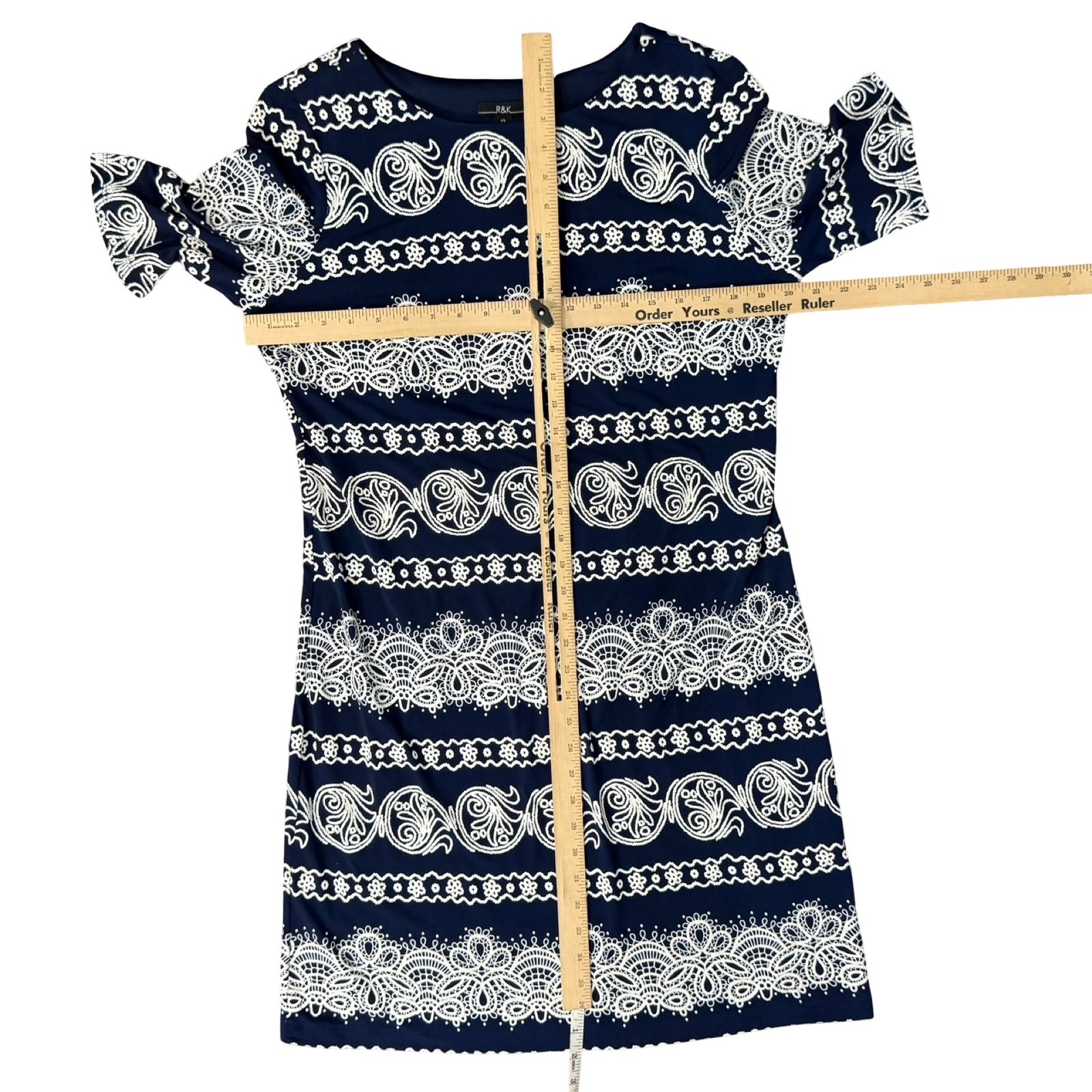 R&K Navy Blue White Lace Accents Shift Knee Length Dress Size 12 Professional