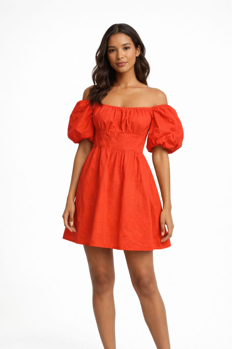 Women’s Off Shoulder Puff Sleeve Mini Dress, Red, Size Medium