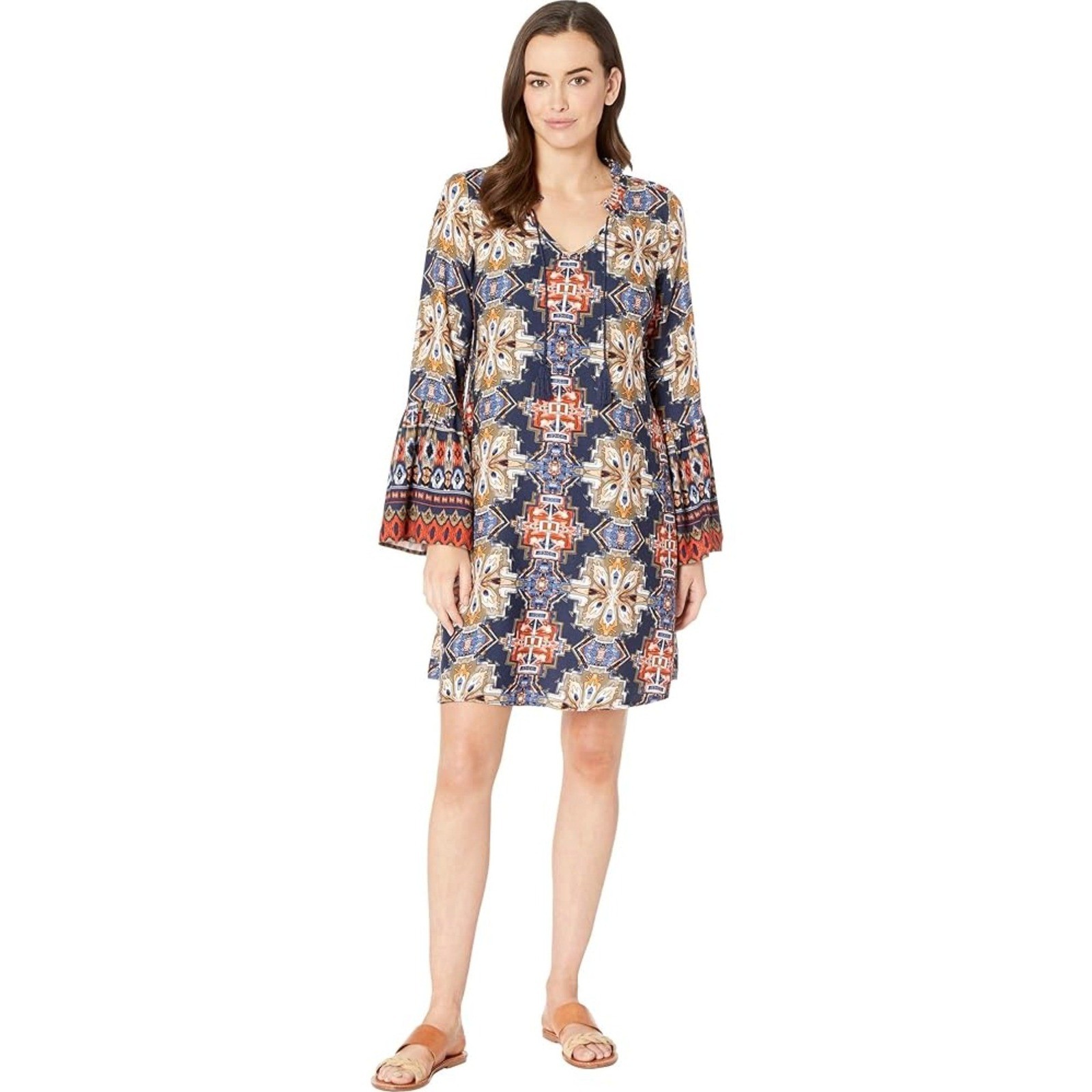 Ariat Womens Medium Dress Western Boho Tassel Tie V-Neck Long Bell Sleeve