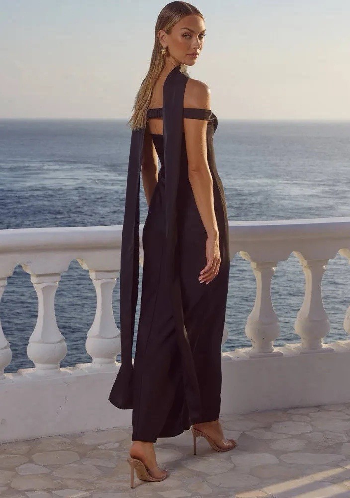 Runaway The Label Raphaella Off Shoulder Satin Maxi Dress Black XL Gown