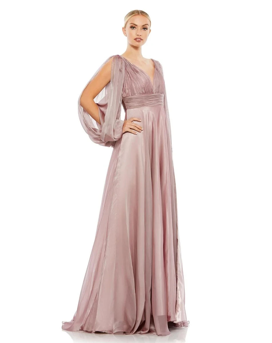 Mac Duggal Mocha Mauve A-Line Split Beaded Sleeve Chiffon Gown Size 12 $598