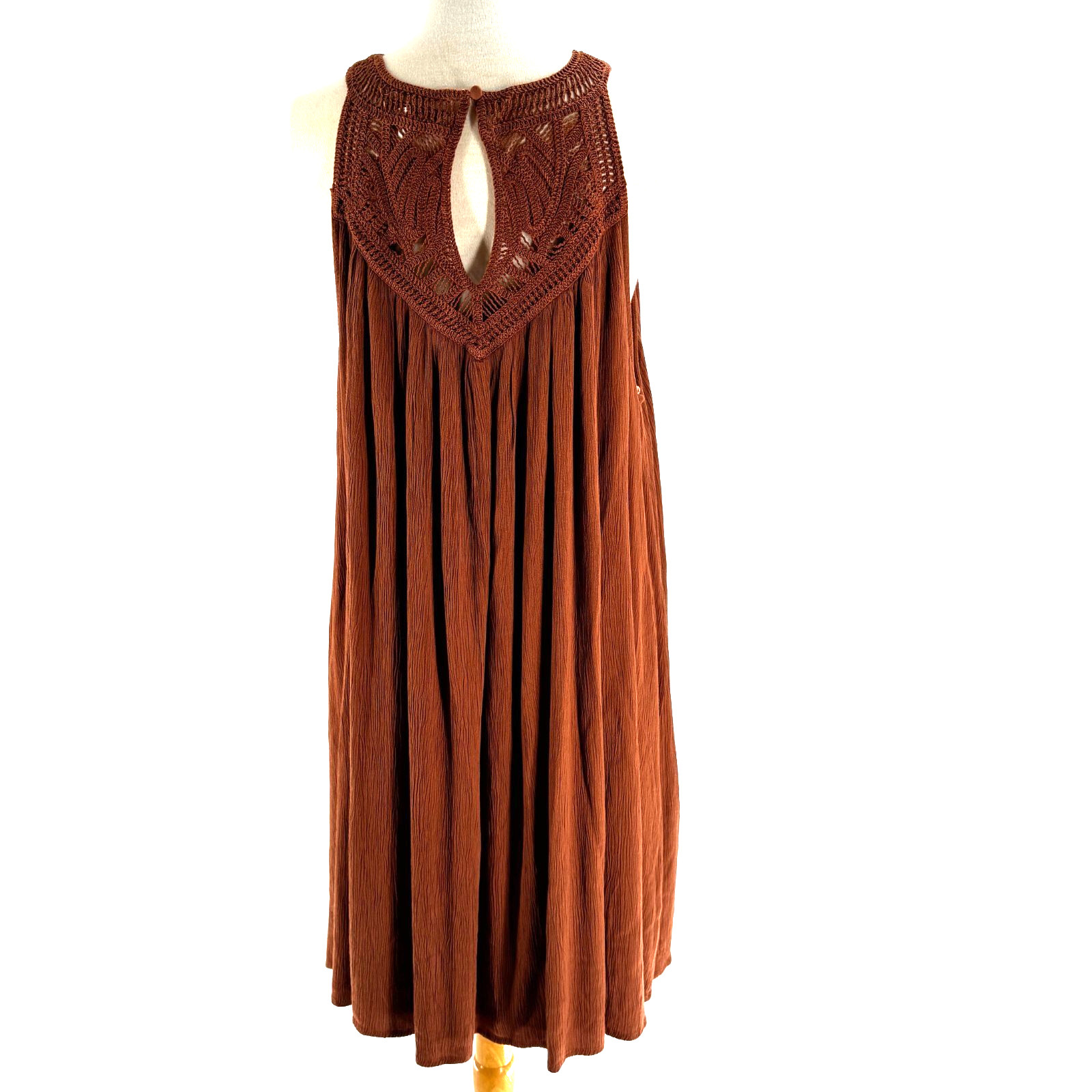 NEW SHYANNE Crochet Yoke Crinkle Mini Dress Women’s XXXL Brown Coachella Western