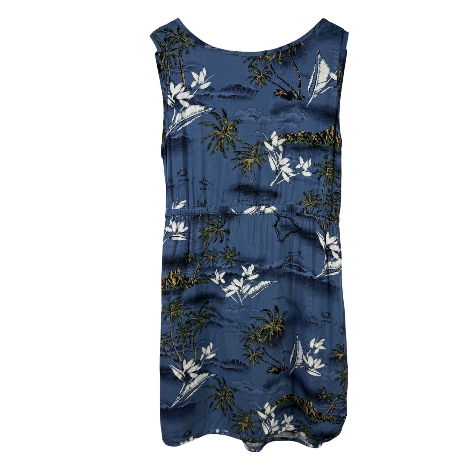 Palmwave Hawaii Blue Tropical Island Map Rayon Dress V-Neck Drawstring Large