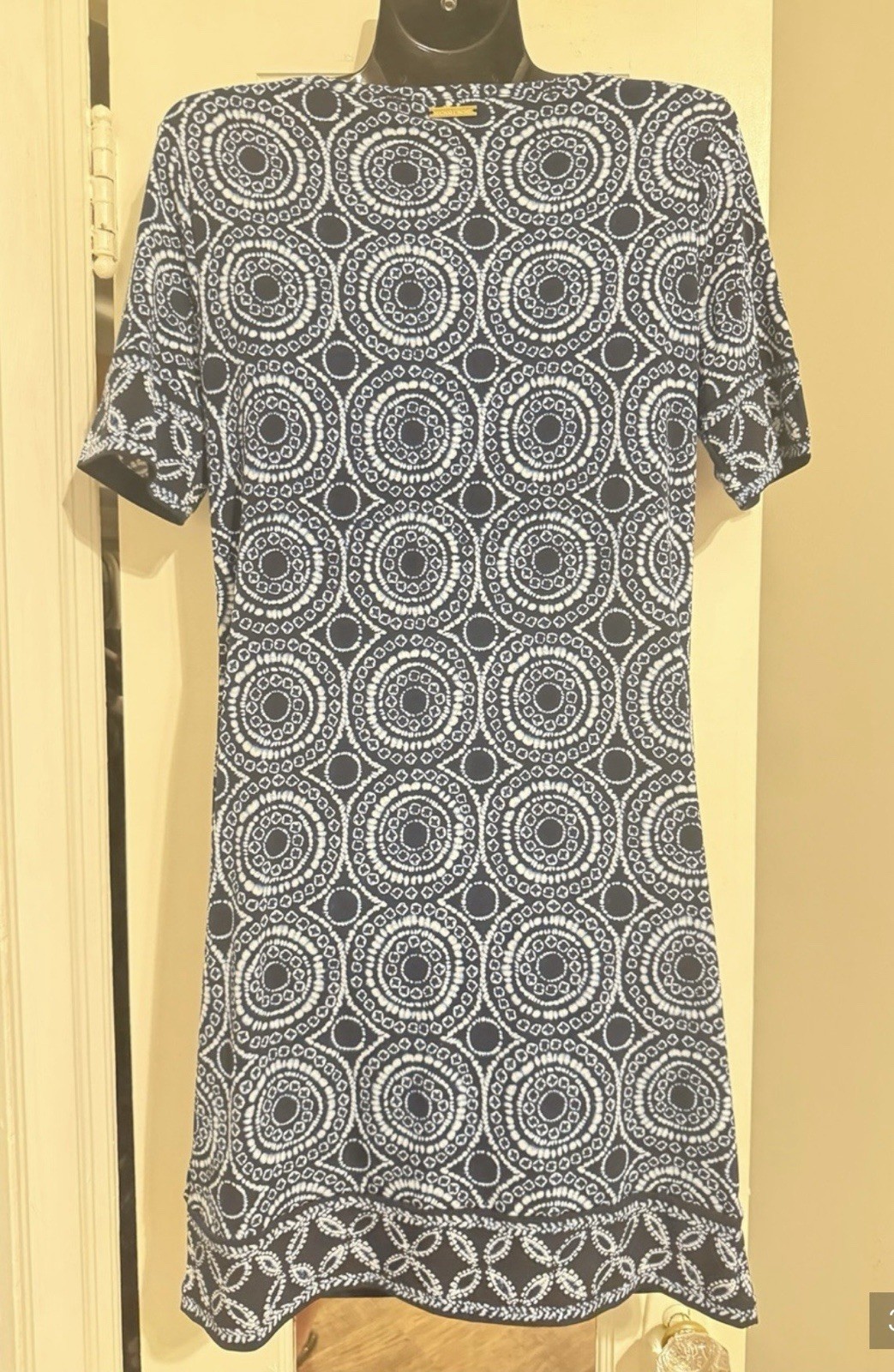 Michael Kors Navy White Geometric Jersey Shift Dress S Scoop Neck Short Sleeve