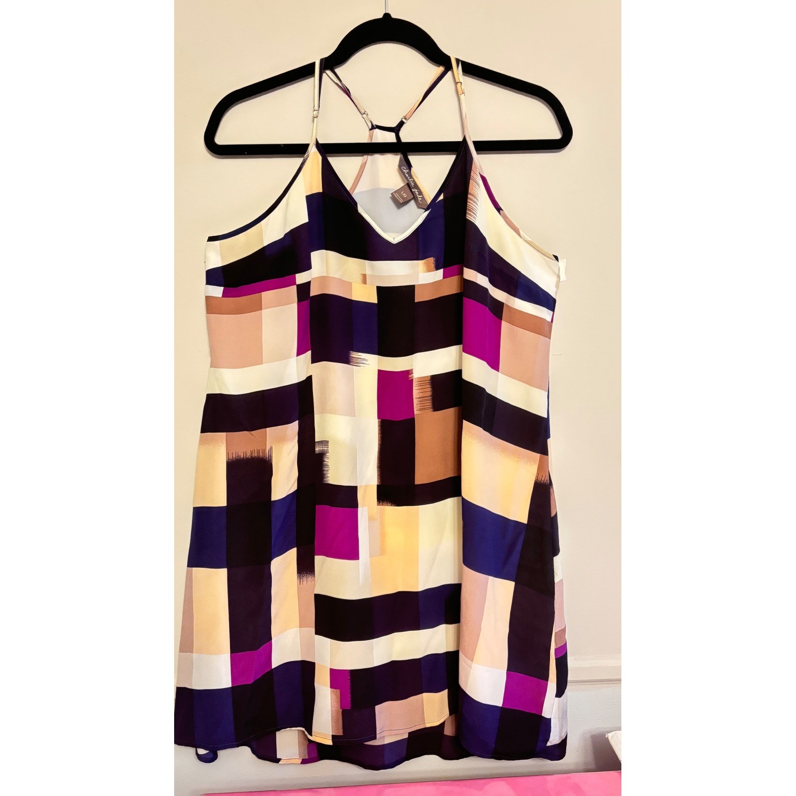 Charlie Jade 100% Silk Geometric Halter Shift Dress Purple Ivory Size Large