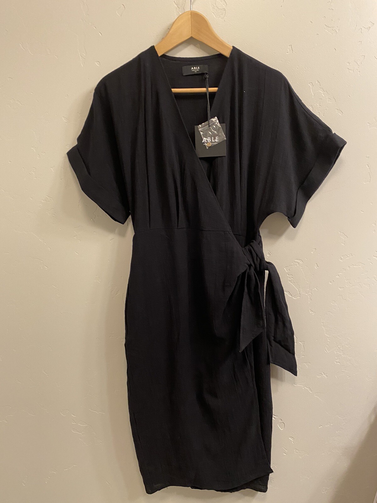 ABLE Brand Women’s Size XXS Black Cady Wrap Dress 100% Cotton Gauze MSRP $168