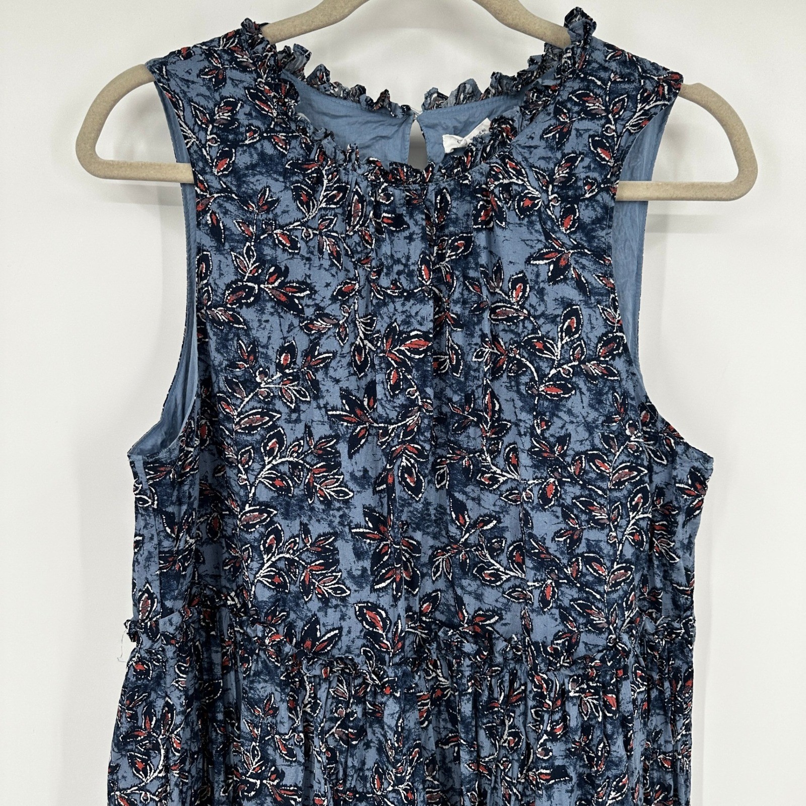 Lucky Brand Blue Floral Ruffle Neck Sleeveless Babydoll Mini Dress Large Cottage