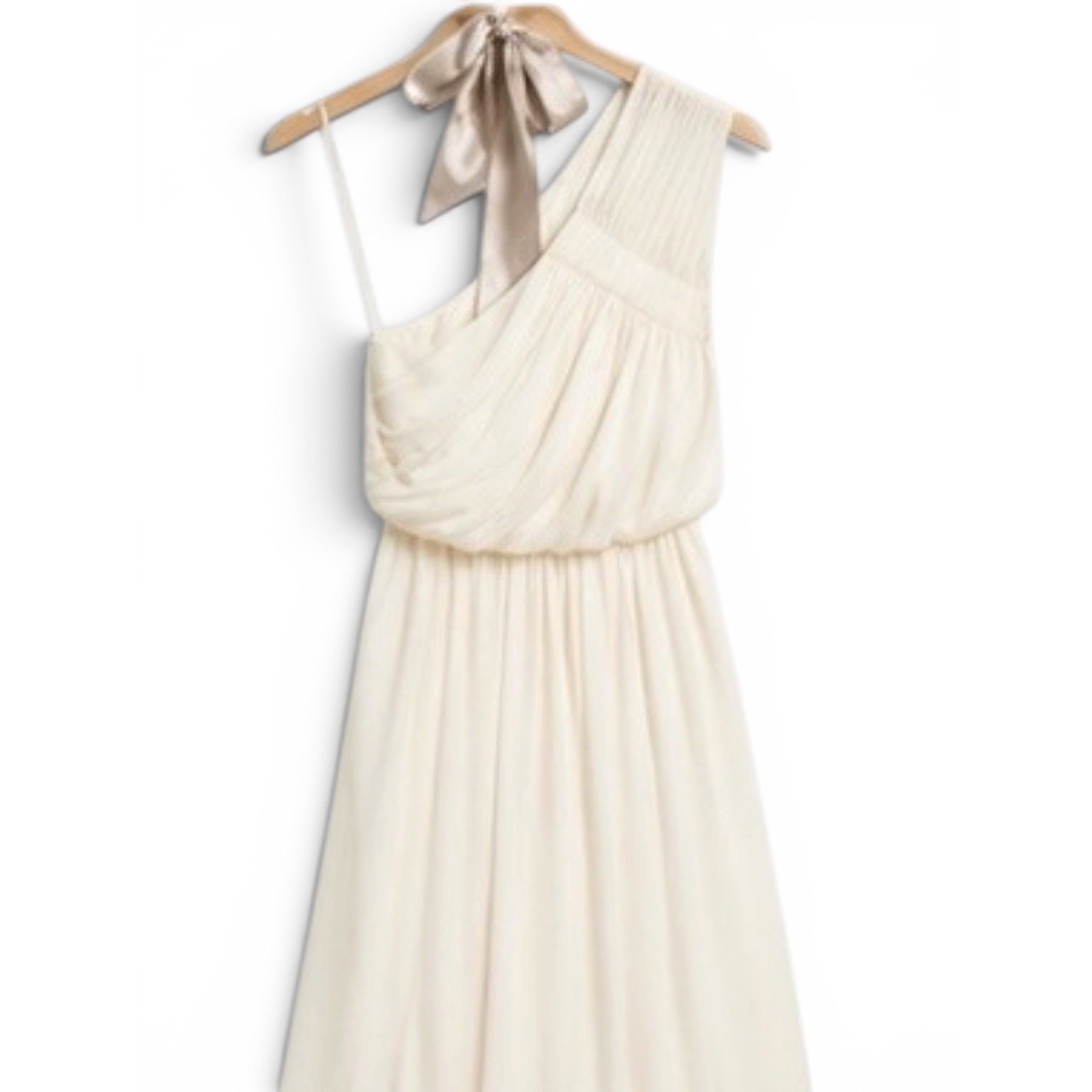 Needle & Thread Ivory Grecian One Shoulder Satin Maxi Gown Taupe Bow US 8