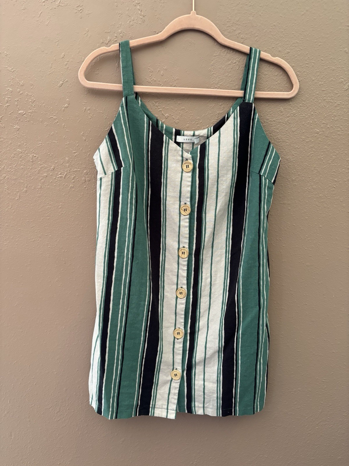 Lush Striped Button Front Dress Women’s S Green Cream Black Linen Relaxed
