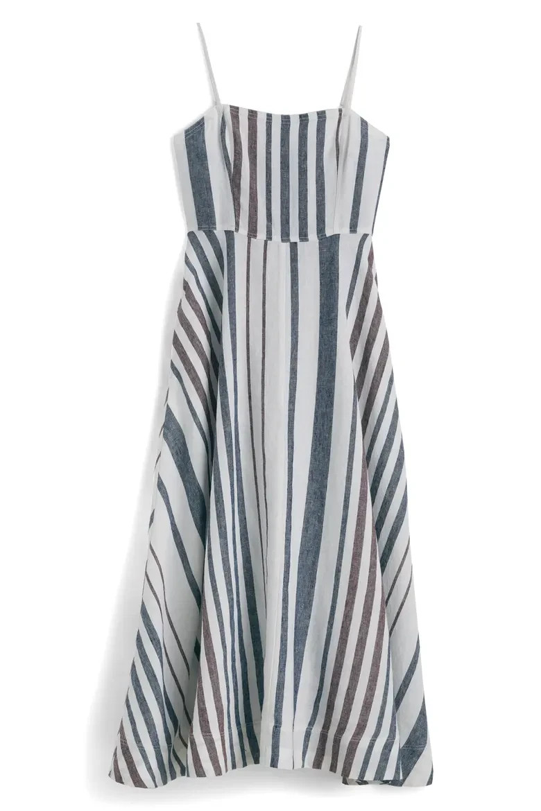 Madewell 100% Linen Striped Circle Maxi Dress w POCKETS White Blue Red US 4