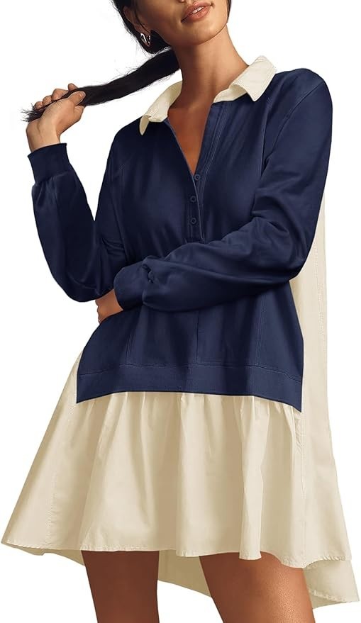 Fisoew Womens Sweatshirt Dresses Short Sleeve V Neck Patchwork Oversized S Navy