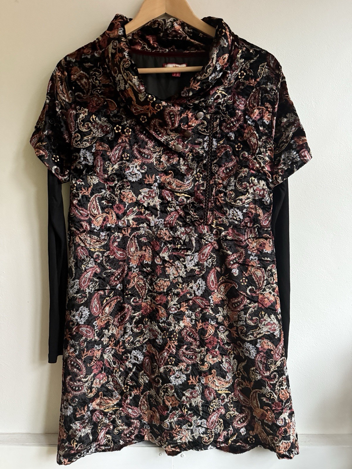 Joe Browns Paisley Tunic Dress 14 Black Gold Red Button Detail Jersey Sleeves