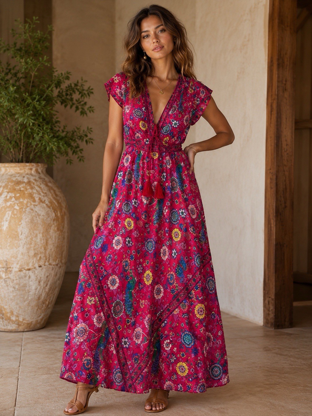 R. Vivimos Boho Red Floral Dress Sz. Medium