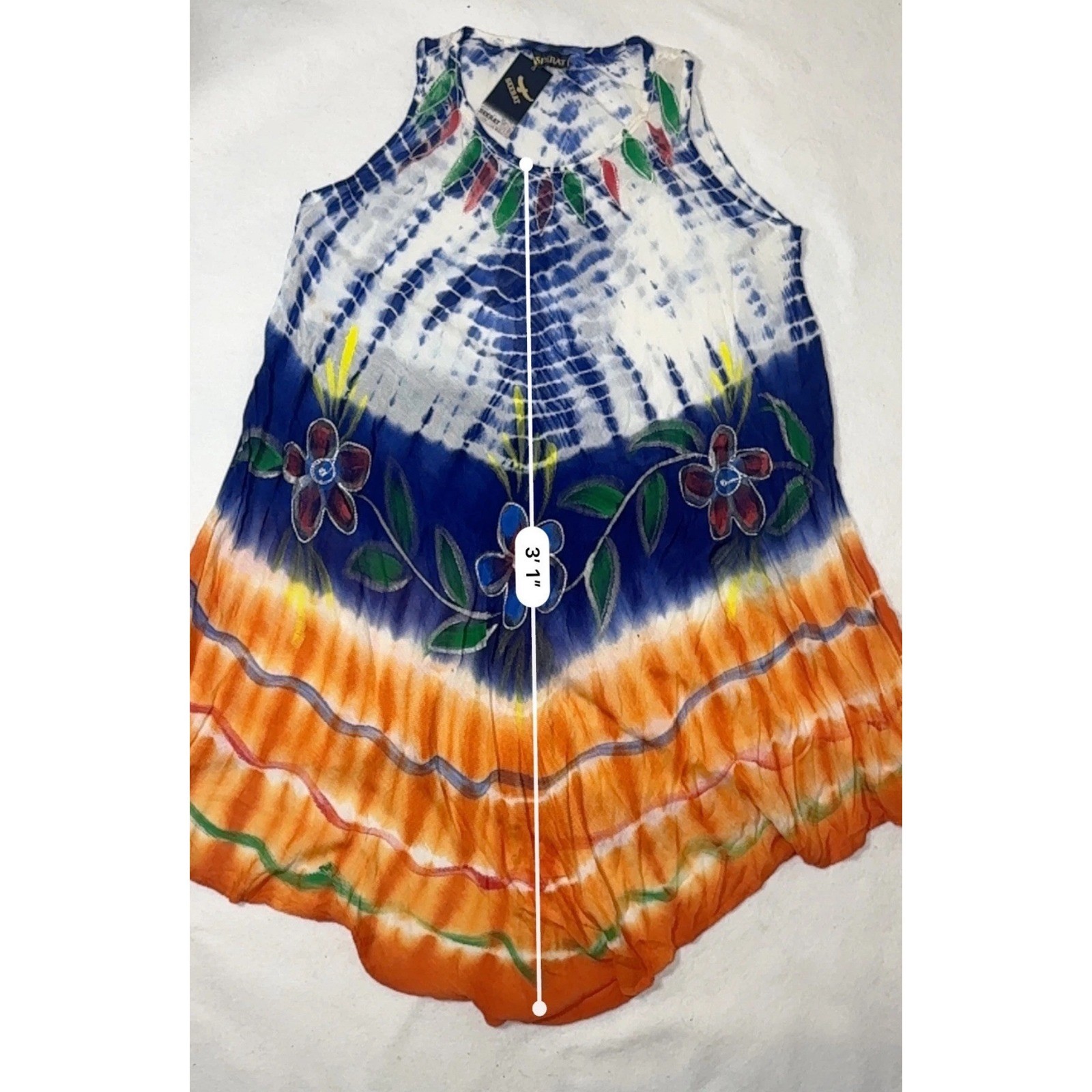 Seerat Womens Tie Dye Floral Embroidered Sleeveless Tunic Dress Orange Blue NEW