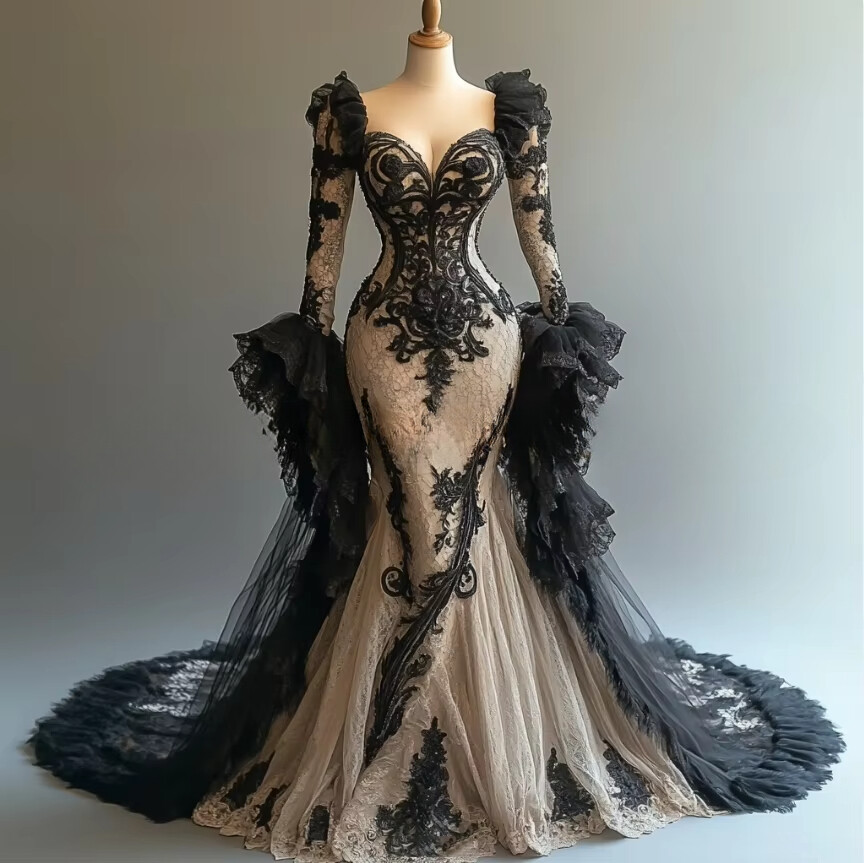 Gothic Victorian Prom Dress Black Lace Tulle Long Sleeve Mermaid Evening