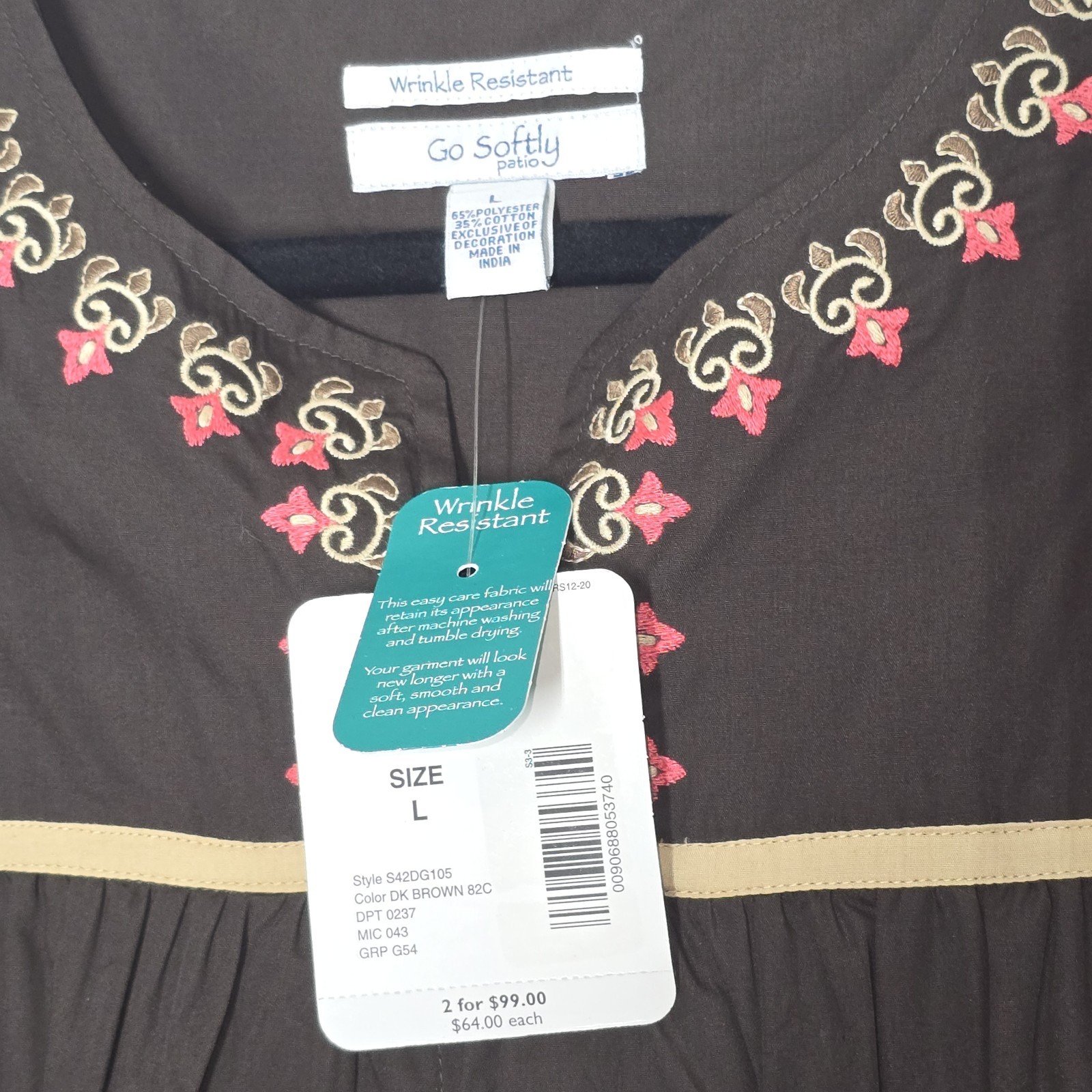 NWT Go Softly Zip Front Duster Patio Dress Womens L Brown Wrinkle Resistant