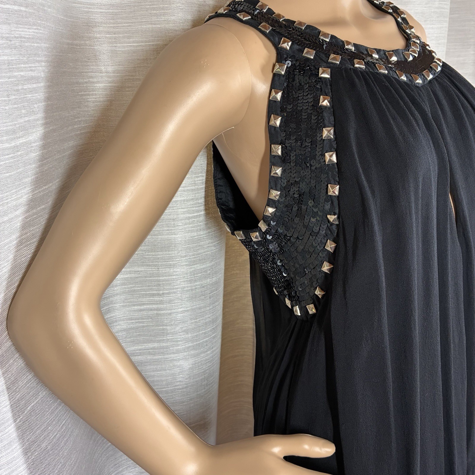 Hannah Jo Silk Mini Dress Size M Black Studded Sequin Embellished Keyhole Grunge