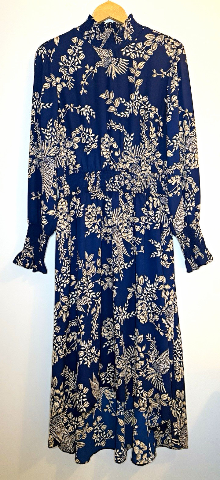 Nanette Lepore Blue Beige Floral Bird Chiffon Smocked Long Sleeve Midi 12