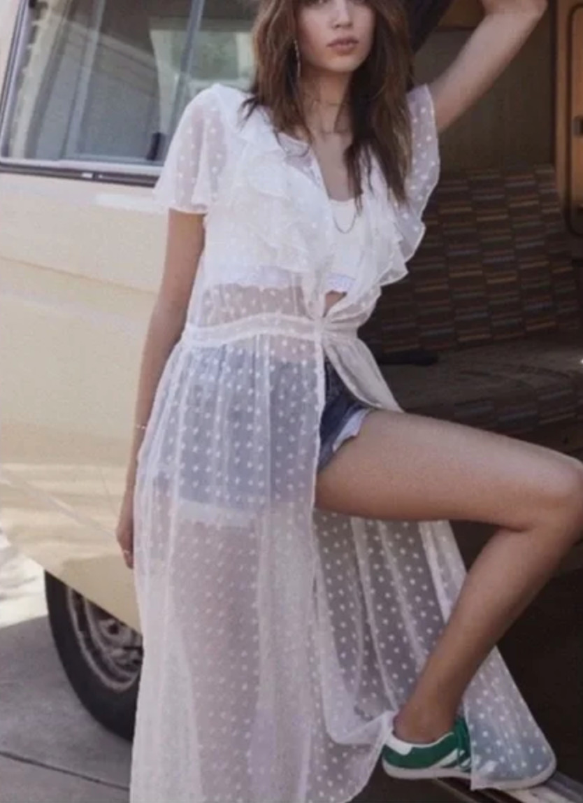 FOR LOVE AND LEMONS Firecracker Button Ruffle Midi Dress Cream Sheer Star S New