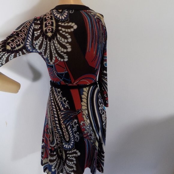 Body Central Paisley Stretchy Soft Dress Size Small Red Brown Blue Cream