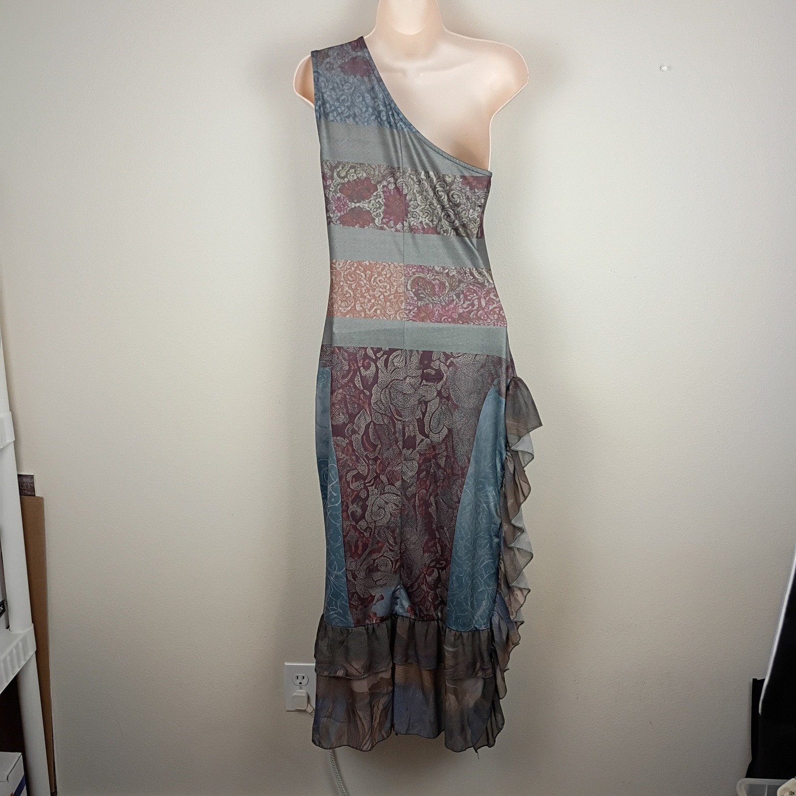 Floral Asymmetrical One Shoulder Ruffle High Low Midi Dress Grey Blue Small