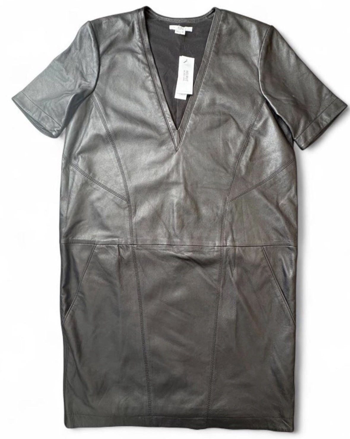 Helmut Lang Black Leather Solid V-Neck Short Sleeve Shift Knee Dress Lined M