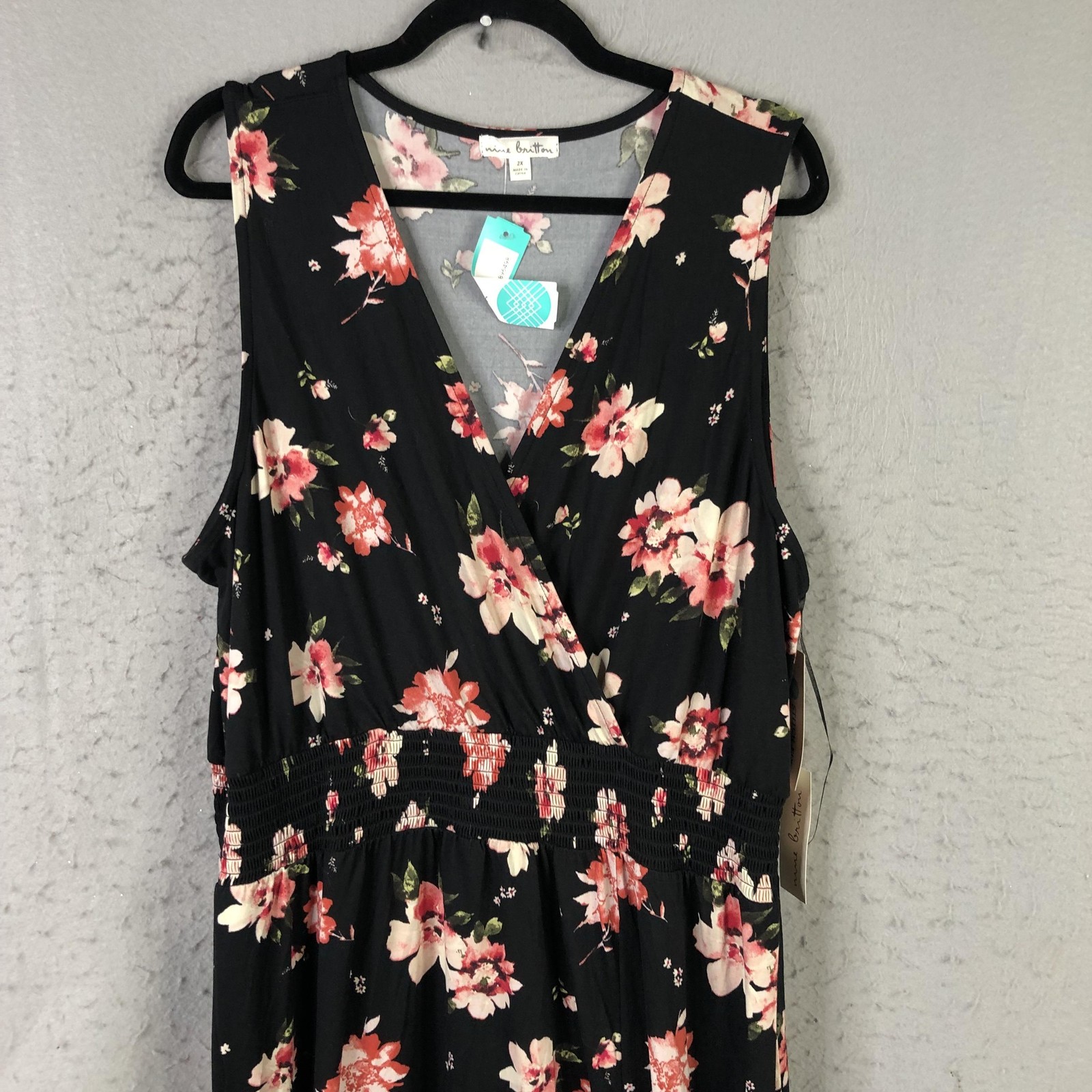 Nine Britton Rosaline Knit Maxi Dress Womens 2X Black Floral Smocked Stitch Fix