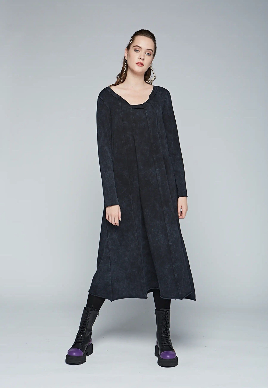 LUUKAA Flicker Eco-friendly Washed, Thin Cotton Jersey Dress, Long Black Size 16