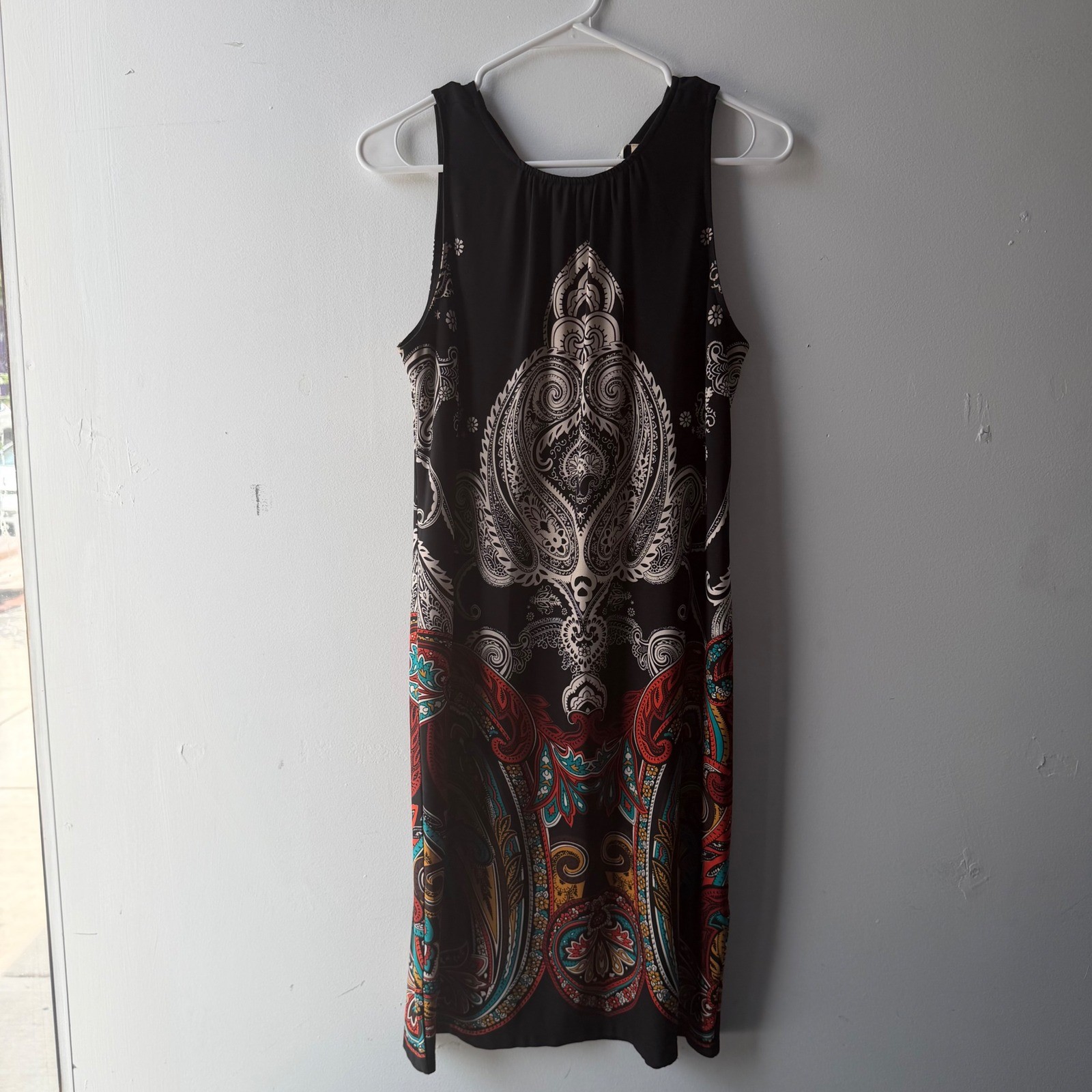 Paisley Medallion Border Print Sleeveless Shift Dress Black Red Teal Women’s