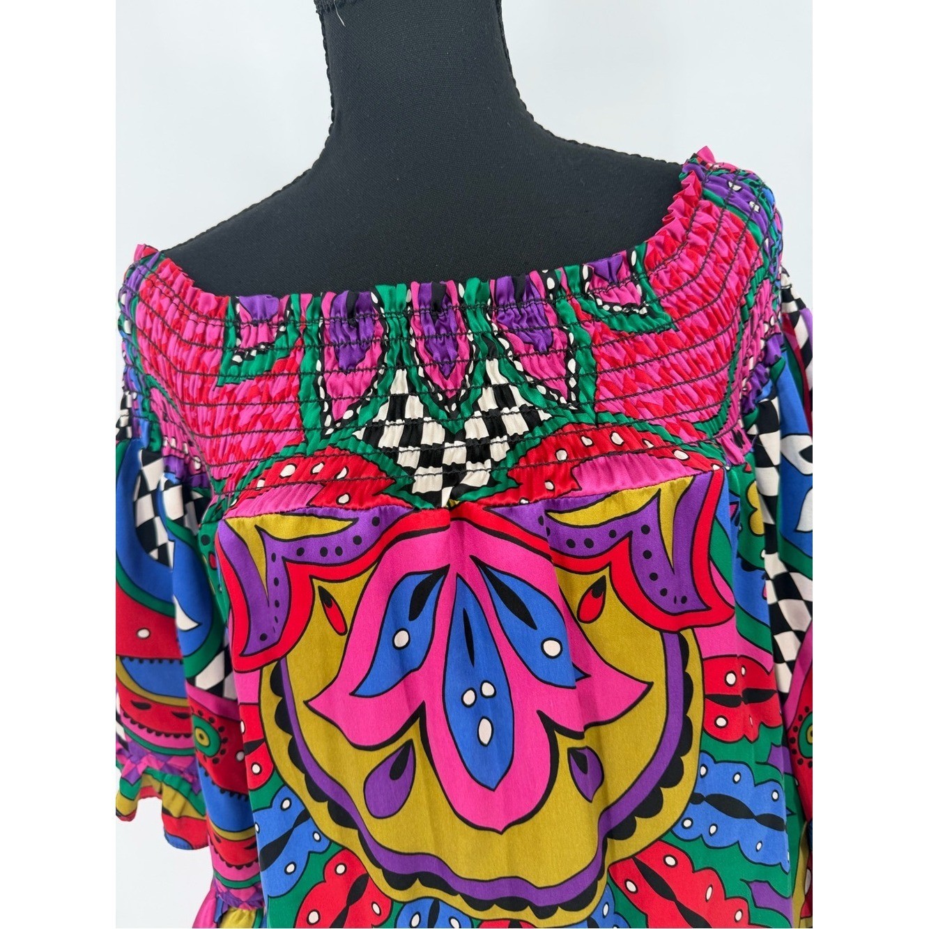 Silk Voom by Joy Han Bright Multicolor Off-Shoulder Boho dress Y2K style